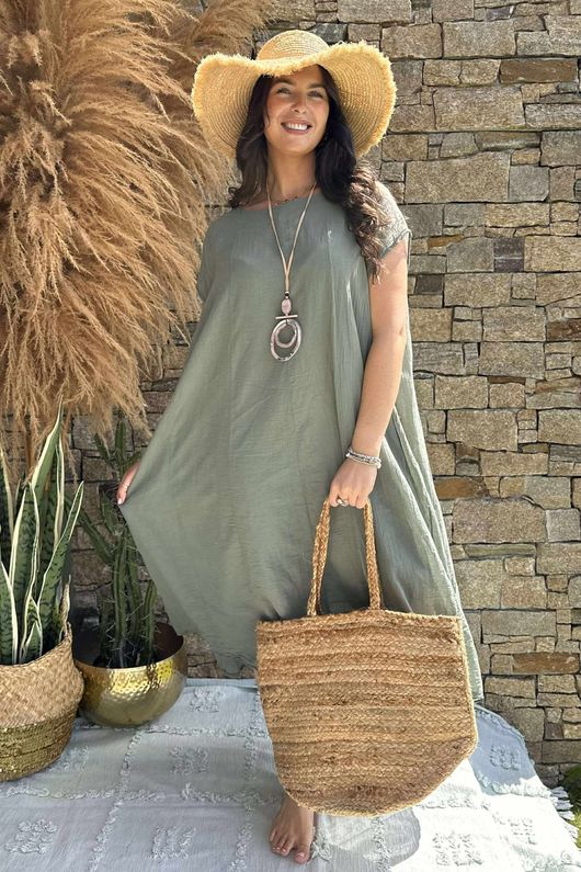 Made in Italy Sa Caleta Cotton Cap Sleeve Pocket Midaxi Dress Khaki